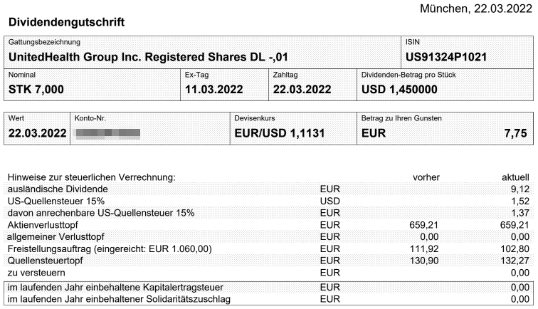 Abrechnung UnitedHealth Group Dividende März 2022 Abrechnung UnitedHealth Group Dividende März 2022