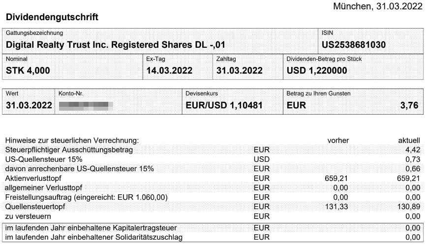 Abrechnung Digital Realty Trust Dividende März 2022 Abrechnung Digital Realty Trust Dividende März 2022