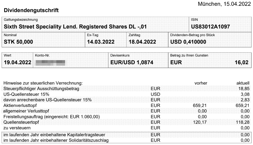 Abrechnung Sixth Street Specialty Lending Dividende Oktober 2021 Abrechnung Sixth Street Specialty Lending Dividende April 2022