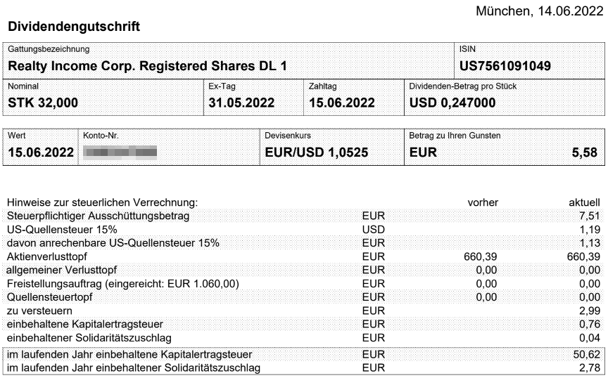 Abrechnung Realty Income Dividende Juni 2022 Abrechnung Realty Income Dividende Juni 2022