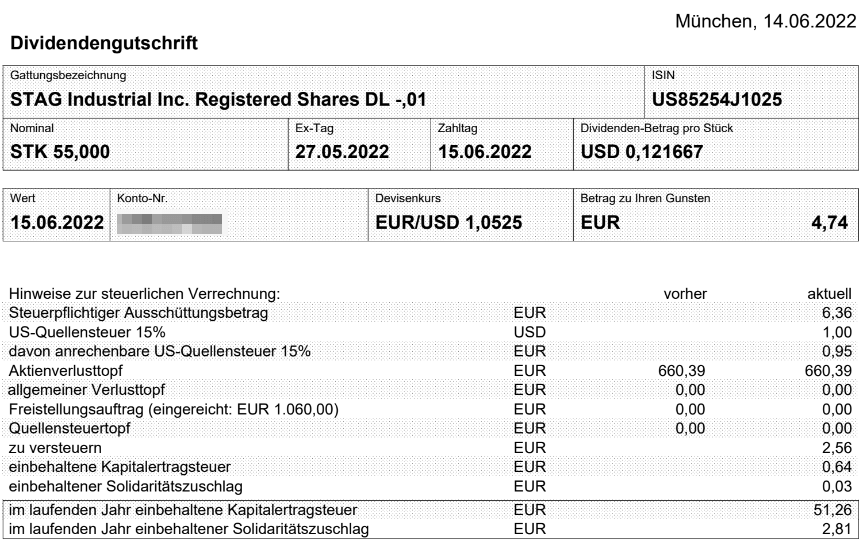 Abrechnung STAG Industrial Dividende Juni 2022 Abrechnung STAG Industrial Dividende Juni 2022