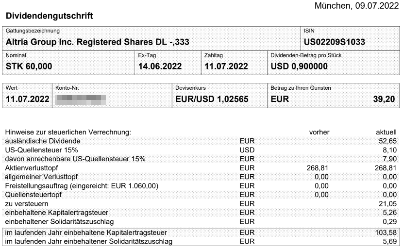 Abrechnung Altria Dividende Juli 2022 Abrechnung Altria Dividende Juli 2022