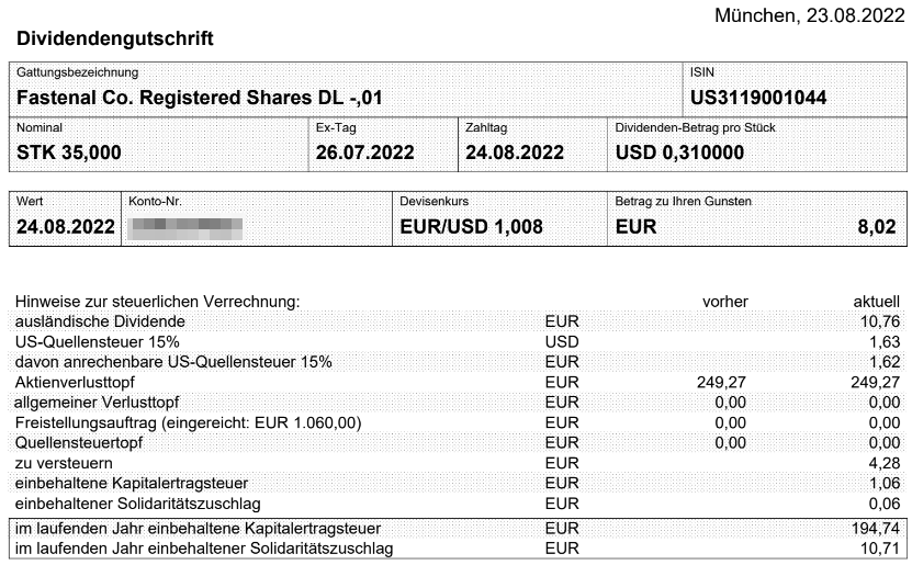 Abrechnung Fastenal Dividende August 2022 Abrechnung Fastenal Dividende August 2022