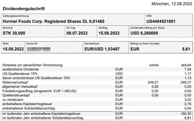 Abrechnung Hormel Foods Dividende August 2022 Abrechnung Hormel Foods Dividende August 2022