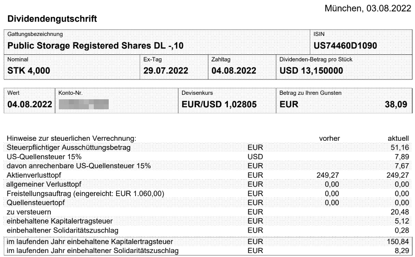Abrechnung Public Storage Sonderdividende August 2022 Abrechnung Public Storage Sonderdividende August 2022