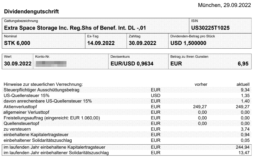 Abrechnung Extra Space Storage Dividende September 2022 Abrechnung Extra Space Storage Dividende September 2022
