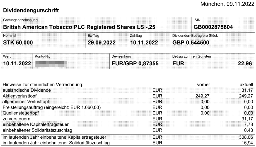 Abrechnung British American Tobacco Dividende August 2022 Abrechnung British American Tobacco Dividende November 2022