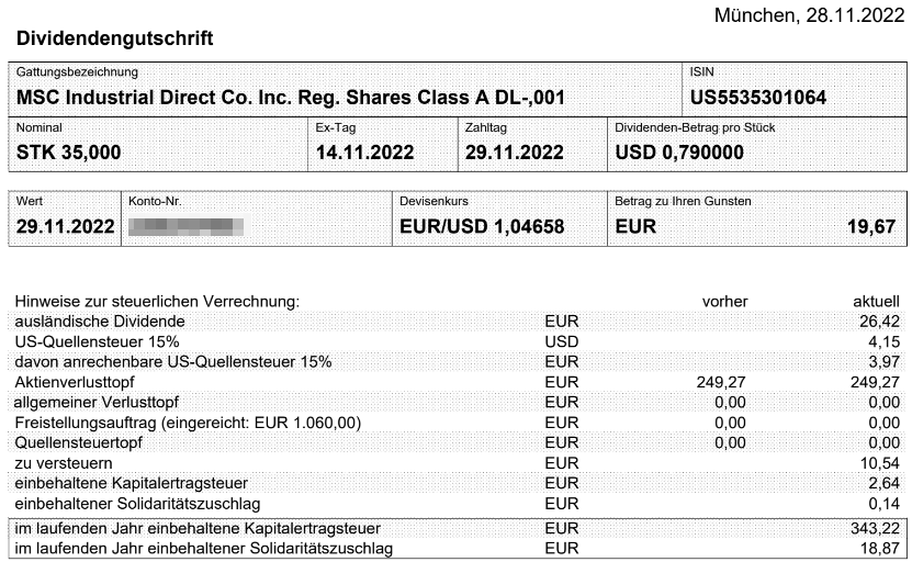 Abrechnung MSC Industrial Direct Dividende November 2022 Abrechnung MSC Industrial Direct Dividende November 2022