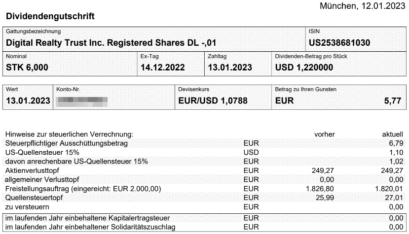 Abrechnung Digital Realty Trust Dividende Januar 2023 Abrechnung Digital Realty Trust Dividende Januar 2023