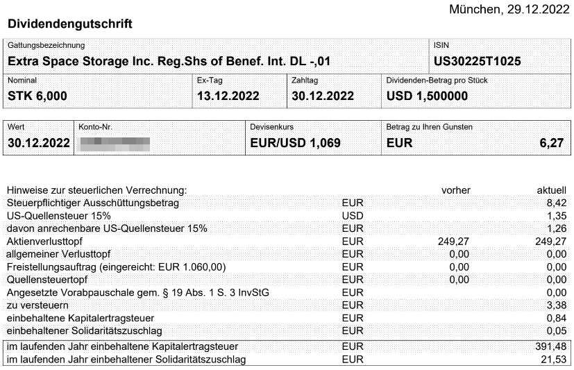 Abrechnung Extra Space Storage Dividende Dezember 2022 Abrechnung Extra Space Storage Dividende Dezember 2022