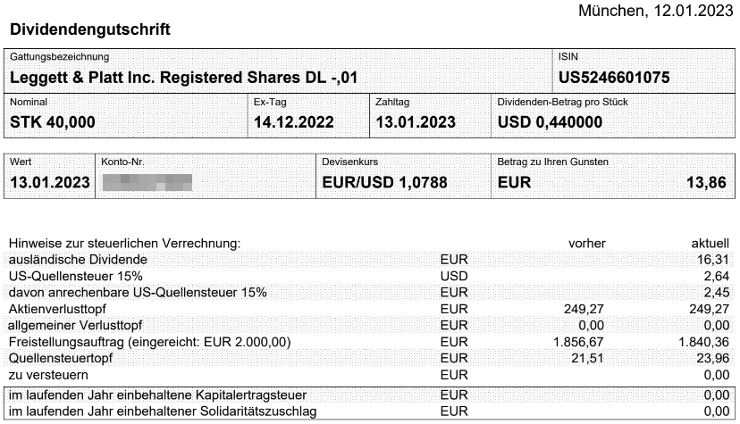 Abrechnung Leggett & Platt Dividende Januar 2023 Abrechnung Leggett & Platt Dividende Januar 2023