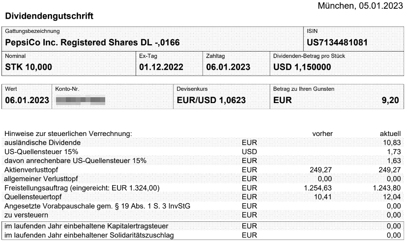 Abrechnung PepsiCo Dividende Januar 2023 Abrechnung PepsiCo Dividende Januar 2023