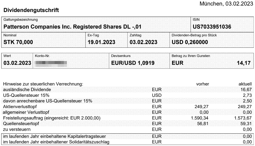 Abrechnung Patterson Companies Dividende Februar 2023 Abrechnung Patterson Companies Dividende Februar 2023