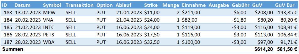 Aktives Einkommen aus Optionsprämien im Februar 2023 Aktives Einkommen aus Optionsprämien im Februar 2023