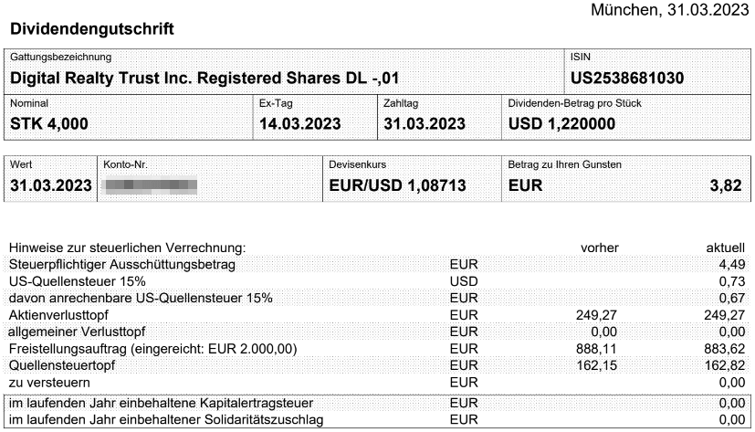 Abrechnung Digital Realty Trust Dividende März 2023 Abrechnung Digital Realty Trust Dividende März 2023