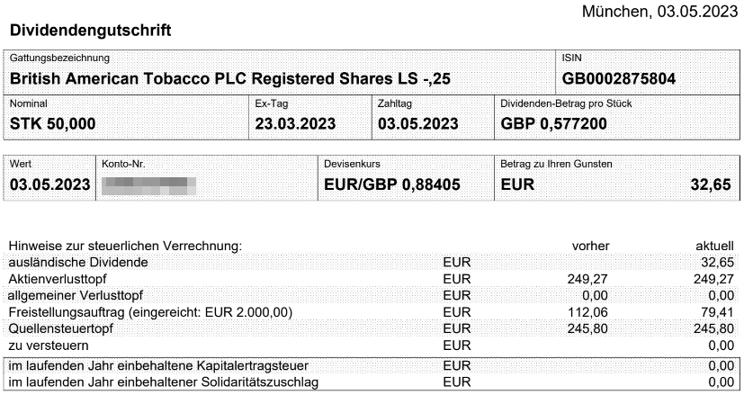 Abrechnung British American Tobacco Dividende Mai 2023 Abrechnung British American Tobacco Dividende Mai 2023