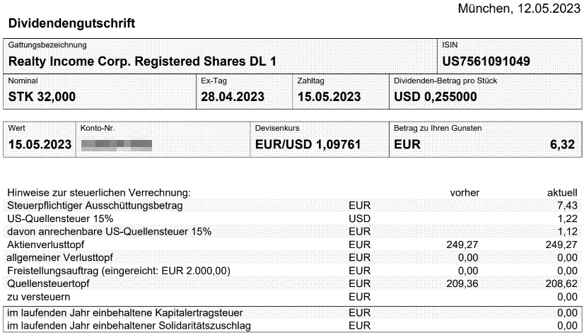 Abrechnung Realty Income Dividende Mai 2023 Abrechnung Realty Income Dividende Mai 2023