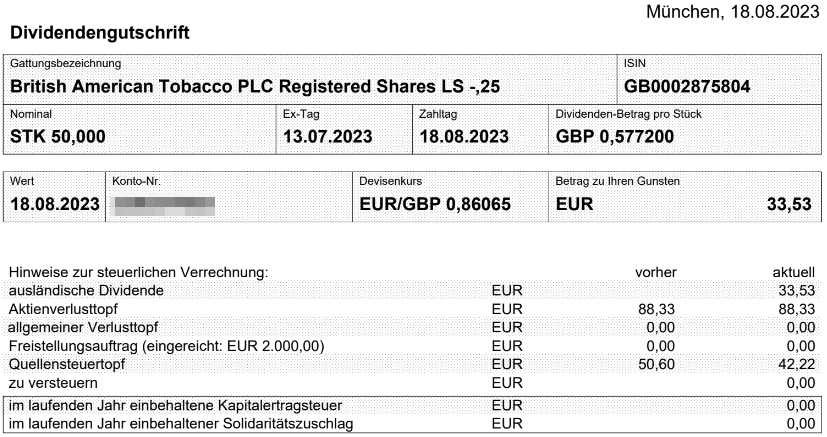Abrechnung British American Tobacco Dividende August 2023 Abrechnung British American Tobacco Dividende August 2023