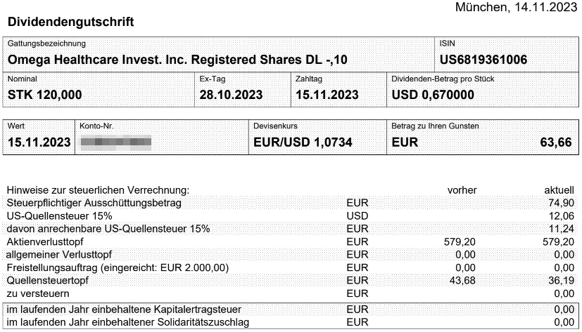 Abrechnung Omega Healthcare Investors Dividende August 2023 Abrechnung Omega Healthcare Investors Dividende November 2023