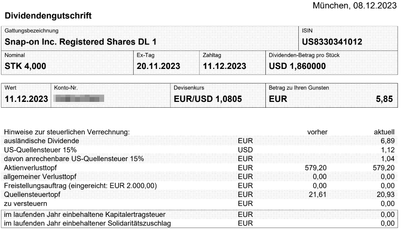 Abrechnung Snap-on Dividende Dezember 2023 Abrechnung Snap-on Dividende Dezember 2023