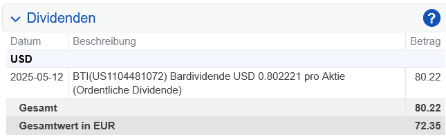 Abrechnung British American Tobacco Dividende Mai 2025